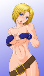 Rule 34 | abs, belt, blonde hair, blue eyes, blue mary, blush, breasts, covering privates, covering breasts, gloves, highres, makani kohitujito, open mouth, short hair, snk, the king of fighters