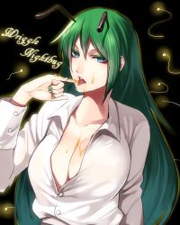 Rule 34 | 1girl, alternate hairstyle, antennae, blue eyes, breasts, cleavage, female focus, green hair, honey, irohara mitabi, large breasts, long hair, nail polish, aged up, open clothes, open shirt, shirt, solo, touhou, wriggle nightbug