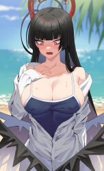 Rule 34 | 1girl, acaa, ahoge, alternate costume, averting eyes, bags under eyes, beach, black hair, black wings, blue archive, blue one-piece swimsuit, blurry, blurry background, blush, breasts, cleavage, collarbone, commentary request, covered erect nipples, depth of field, grey jacket, halo, hand on own chest, highres, huge ahoge, jacket, large breasts, long hair, looking down, melting halo, nose blush, one-piece swimsuit, outdoors, palm leaf, red eyes, red halo, solo, swimsuit, swimsuit under clothes, tears, tsurugi (blue archive), upper body, very long hair, wavy mouth, wings