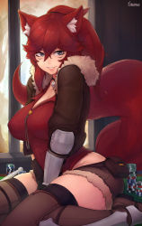 Rule 34 | 1girl, absurdres, animal ears, black thighhighs, boots, borrowed character, breasts, cleavage, commission, covered erect nipples, grey eyes, grin, highres, large breasts, long hair, looking at viewer, original, poker chip, red hair, shorts, sitting, smile, solo, tail, thigh boots, thighhighs, unsomnus, vivian (clockwork), wariza, wolf ears, wolf tail