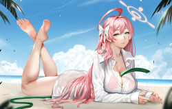 Rule 34 | 1girl, bare legs, barefoot, beach, between breasts, bikini, blue archive, blue sky, breasts, cleavage, day, easonx, feet, feet up, green eyes, hair ornament, hairclip, halo, hanako (blue archive), hanako (swimsuit) (blue archive), large breasts, legs, long hair, looking at viewer, ocean, outdoors, palm tree, pink hair, sand, shirt, sky, soles, solo, swimsuit, toes, tree, water, wet, wet clothes, white shirt