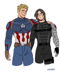 Rule 34 | 2boys, artist name, bara, blonde hair, blue eyes, blush, brown gloves, brown hair, captain america, cyborg, facial hair, gloves, highres, james buchanan barnes, looking at another, male focus, marvel, marvel cinematic universe, mechanical arms, multiple boys, muscular, muscular male, simple background, single arm hug, star (symbol), suyohara, upper body, white background, yaoi