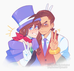 Rule 34 | 1boy, 1girl, :t, ace attorney, annoyed, antenna hair, apollo justice, blue cape, blue eyes, blue headwear, blue necktie, blue shirt, bracelet, brother and sister, brown hair, buttons, cape, closed mouth, collared shirt, deviantart username, double v, gem, gloves, green gemstone, grin, hat, highres, horns pose, jewelry, lapels, long hair, looking at viewer, low-tied long hair, medium hair, necktie, purplesound, red scarf, red vest, scarf, shirt, siblings, simple background, sleeves rolled up, smile, strapless, strapless shirt, top hat, trucy wright, tumblr username, upper body, v, vest, white background, white gloves, white shirt
