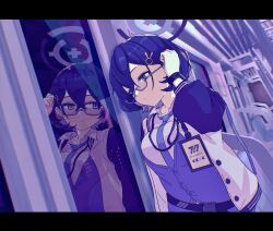 Rule 34 | blue archive, chihiro (blue archive), city, glasses, hair ornament, hairclip, halo, highres, id card, jacket, looking to the side, necktie, open clothes, open jacket, reflection, short hair, sliding doors, train, watch, yellow eyes