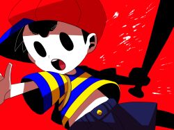 Rule 34 | 1boy, baseball bat, black hair, blue shorts, highres, holding, holding baseball bat, male focus, midriff peek, mother (game), mother 2, ness (mother 2), nintendo, open mouth, pale skin, red background, shirt, short sleeves, shorts, sideways hat, solid oval eyes, solo, striped clothes, striped shirt, sui~tsu, teeth, upper teeth only