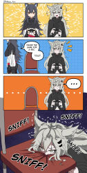 Rule 34 | ..., 2girls, absurdres, animal ears, arknights, black capelet, black hair, black jacket, black pantyhose, black shorts, blush, brown eyes, capelet, chair, closed mouth, comic, commentary, controller, english commentary, english text, female pervert, game controller, grey eyes, grey hair, hair between eyes, hair ornament, hairclip, highres, holding, jacket, lappland (arknights), long hair, multiple girls, nhim, notice lines, on chair, pantyhose, pantyhose under shorts, pervert, scar, scar across eye, short shorts, shorts, sitting, smelling, spoken ellipsis, tail, texas (arknights), trembling, twitter username, v-shaped eyebrows, very long hair, white jacket, yuri