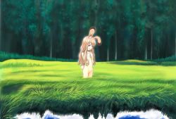Rule 34 | 1girl, animal ears, brown hair, forest, grass, hand on own chest, long hair, minazuki tsuyuha, nature, navel, nude, rabbit ears, rabbit tail, scenery, solo, tail, tree