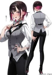 Rule 34 | 1girl, black choker, black footwear, black hairband, black nails, black necktie, black pants, breasts, brown hair, butler, chigusa minori, choker, cleavage, collared shirt, colored inner hair, commentary request, corrupted twitter file, dress shirt, female butler, gradient nails, grey vest, hairband, hand on own hip, high heels, highres, looking at viewer, medium breasts, multicolored hair, multiple views, necktie, one side up, open mouth, pants, purple eyes, purple hair, purple nails, shino to ren, shirayuki ren, shirt, short hair, simple background, sweatdrop, tomboy, translated, twitter username, vest, white background, white shirt