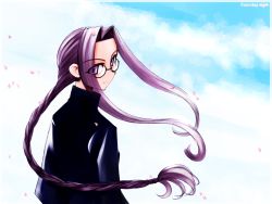 Rule 34 | 00s, braid, fate/stay night, fate (series), glasses, long hair, medusa (fate), medusa (rider) (fate), official alternate costume, purple hair, sky, solo, square pupils, very long hair, wallpaper