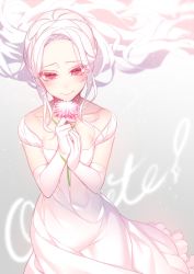 Rule 34 | 1girl, breasts, collarbone, dress, elbow gloves, female focus, floating hair, flower, giuniu, gloves, gradient background, highres, holding, holding flower, long hair, original, pink flower, plant, red eyes, silver hair, small breasts, smile, solo, wedding dress, white background, white dress, white gloves
