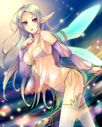 Rule 34 | 1girl, babydoll, bare shoulders, beads, bikini, breasts, bridal gauntlets, cleavage, collarbone, fairy, fairy wings, forehead jewel, front-tie top, lips, logi (logica+physica), long hair, looking at viewer, navel, open mouth, original, parted lips, pointy ears, purple eyes, see-through, side-tie bikini bottom, sideboob, silver hair, solo, staff, swimsuit, teeth, thighhighs, white thighhighs, wings