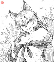 Rule 34 | 1girl, absurdres, animal ear fluff, animal ears, breasts, cleavage, collarbone, commentary request, fang, fingernails, greyscale, highres, imaizumi kagerou, ke-su, large breasts, long fingernails, looking at viewer, monochrome, off shoulder, open mouth, smile, solo, tail, touhou, upper body, wolf ears, wolf girl, wolf tail