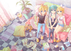 Rule 34 | 1boy, 2girls, animal slippers, aqua eyes, aqua hair, artist name, belt, bespectacled, blonde hair, blue eyes, book, bracelet, bunny slippers, checkered floor, choker, couch, curtains, cushion, denim, floor, from above, glasses, hatsune miku, headphones, headphones around neck, jeans, jewelry, kagamine len, kagamine rin, long hair, multiple girls, necklace, pants, plant, potted plant, short hair, short shorts, shorts, sitting, skirt, slippers, smile, stuffed animal, stuffed toy, teddy bear, thighhighs, tiger slippers, twintails, vocaloid, zenyu