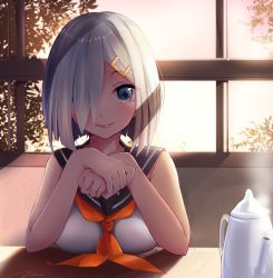 Rule 34 | 10s, 1girl, bare arms, bare shoulders, blue eyes, blush, breast rest, breasts, breasts on table, closed mouth, cup, hair ornament, hair over one eye, hairclip, hamakaze (kancolle), highres, indoors, kantai collection, large breasts, looking at viewer, neckerchief, own hands together, plant, sailor collar, school uniform, serafuku, shirt, short hair, silver hair, sitting, sleeveless, sleeveless shirt, smile, solo, steam, sunlight, table, tareme, teacup, teapot, tebi (tbd11), tree, upper body, w arms, window