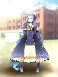 Rule 34 | 1girl, :d, absurdly long hair, adjusting hair, alternate costume, aqua eyes, back bow, blue bow, blue dress, blue hair, blurry, blurry background, blush, boots, bow, braid, breasts, building, commentary request, dress, hand on own chest, hat, kantai collection, legs apart, long hair, long sleeves, looking at viewer, open mouth, outdoors, samidare (kancolle), small breasts, smile, solo, standing, tilted headwear, very long hair, yamaneko suzume