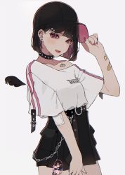 Rule 34 | 1girl, bandaid, bandaid on arm, barcode, belt, black collar, black hair, black hat, blush, chain, charm (object), collar, collarbone, detached wings, ear piercing, earrings, fingernails, grey background, hamunezuko (nezukonezu32), hand on headwear, hat, highres, jewelry, long fingernails, multicolored hair, nail polish, o-ring, o-ring belt, original, parted lips, piercing, pink nails, pouch, purple eyes, purple hair, red lips, shirt tucked in, short hair, simple background, slit pupils, solo, spiked collar, spikes, tattoo, wings