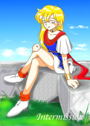 Rule 34 | 1990s (style), 1girl, akazukin chacha, arm support, artist request, blonde hair, blue dress, bracelet, brown eyes, cloud, crossed legs, dress, highres, jewelry, long hair, magical princess, open mouth, outdoors, retro artstyle, short dress, short sleeves, sitting, sky, tagme, white footwear