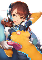 Rule 34 | 1girl, alternate color, ataruman, blizzard (company), breasts, brown hair, colored eyelashes, controller, d.va (overwatch), facial mark, food, game controller, headphones, highres, long hair, looking away, overwatch, overwatch 1, pilot suit, pocky, small breasts, smile, solo, swept bangs, whisker markings