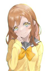 Rule 34 | 1girl, absurdres, arm at side, black sailor collar, blue eyes, bow, bowtie, brown hair, cardigan, closed mouth, commentary request, daiiichukiii, eyelashes, hand up, highres, kunikida hanamaru, long hair, love live!, love live! sunshine!!, multicolored eyes, sailor collar, smile, solo, tareme, upper body, white background, yellow bow, yellow bowtie, yellow cardigan, yellow eyes