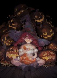 Rule 34 | 1girl, :t, eating, female focus, food, food on face, hair ornament, hair over one eye, hairclip, halloween, hat, jack-o&#039;-lantern, lip (lih8), looking at viewer, original, pumpkin, red hair, shoes, sitting, solo, stitches, twintails, witch hat, wooden floor