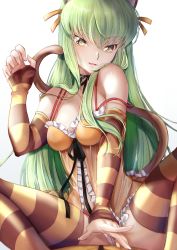 Rule 34 | 1girl, absurdres, breasts, budgiepon, c.c., cat girl, cat tail, code geass, convenient hand, detached sleeves, frills, green hair, highres, long hair, looking at viewer, medium breasts, neck ribbon, ribbon, solo, tail, thighhighs, white background, yellow eyes