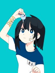 Rule 34 | 1girl, :|, bandage on face, bandages, bandaid, bandaid on arm, black hair, blue background, blue eyes, blue nails, blue shirt, closed mouth, commentary request, fingernails, hair between eyes, holding, looking up, nail polish, original, outo eguchi, shirt, short sleeves, simple background, solo, tagme, white shirt