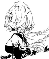 Rule 34 | 1girl, arknights, commentary, cropped torso, eyepatch, from side, greyscale, hair ornament, hair over one eye, headdress, looking at viewer, looking to the side, monochrome, short hair, simple background, sketch, solo, twitter username, upper body, whisperain (arknights), white background, x hair ornament, yom (ymayma00ss)