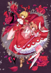 Rule 34 | 10s, 2girls, absurdres, antenna hair, armored boots, blonde hair, bloomers, boots, braid, breasts, brown hair, cardcaptor sakura, cleavage, corset, crossover, crown, crown braid, dress, fate/extra, fate (series), flat chest, flower, frilled dress, frills, green eyes, hair between eyes, hair ribbon, hand on sword, hand on weapon, highres, holding hands, huge filesize, kinomoto sakura, kisumi rei, large breasts, magical girl, multiple girls, nero claudius (fate), nero claudius (fate) (all), nero claudius (fate/extra), petals, red dress, red footwear, ribbon, rose, rose petals, see-through, short hair, sword, underwear, wand, weapon