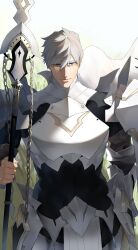 Rule 34 | 1boy, absurdres, armor, blue eyes, chain, dated, fate/grand order, fate (series), grey hair, highres, holding, holding polearm, holding weapon, ironmanhshs, male focus, pauldrons, percival (fate), polearm, shoulder armor, spear, twitter username, weapon