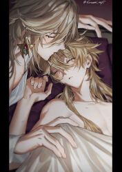 Rule 34 | 2boys, aether (genshin impact), alternate hairstyle, bed, blonde hair, closed eyes, commentary, covering privates, earrings, genshin impact, hair between eyes, hair down, highres, jewelry, kaveh (genshin impact), long hair, lying, male focus, multiple boys, nude, nude cover, on back, pillarboxed, pillow, sleeping, sonomi, symbol-only commentary, upper body, yaoi