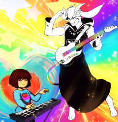 Rule 34 | 1other, ambiguous gender, asriel dreemurr, brown hair, closed eyes, floating, flower, frisk (undertale), furry, furry male, goat boy, goat horns, guitar, heart, highres, horns, instrument, keyboard (instrument), long sleeves, medium hair, modeseven777, music, playing instrument, rainbow background, star (symbol), sweater, tears, undertale