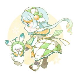 Rule 34 | 1girl, animal, aqua hair, black gloves, blue eyes, blush stickers, cantaloupe, capelet, chibi, commentary, dress, earrings, food, food-themed hair ornament, from side, fruit, gloves, green hair, green hood, green ribbon, green sleeves, hair ornament, hairband, hatsune miku, holding hands, jewelry, light blush, long hair, looking at another, maguro (p-erc), melon, multicolored hair, multicolored sleeves, o o, open mouth, orange capelet, orange hair, pom pom (clothes), quilted clothes, rabbit, rabbit yukine, ribbon, smile, snowflake print, snowflakes, solo, standing, streaked hair, striped ribbon, striped sleeves, twintails, very long hair, vocaloid, wavy hair, white background, white dress, yuki miku, yuki miku (2024) (candidate no.1)