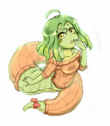 Rule 34 | 1girl, ahoge, bow, fang, green hair, inutokage, lamia, monster girl, open mouth, original, ribbed sweater, ribbon, short hair, simple background, snake, solo, sweater, white background, yellow eyes