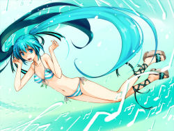 Rule 34 | 1girl, ankle lace-up, aqua eyes, aqua hair, arms up, bikini, breasts, cross-laced footwear, female focus, front-tie top, full body, gradient background, hatsune miku, ikujitto, legs, long hair, navel, open mouth, platform footwear, sandals, side-tie bikini bottom, solo, striped bikini, striped clothes, swimsuit, twintails, very long hair, vocaloid