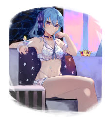 Rule 34 | 1girl, alternate breast size, bikini, blue choker, blue eyes, blue hair, blue nails, blue ribbon, breasts, choker, closed mouth, crossed legs, crown, unworn crown, cup, detached sleeves, drinking glass, earrings, feet out of frame, hair between eyes, hair ribbon, highres, holding, holding cup, hololive, hoshimachi suisei, jewelry, long hair, looking at viewer, medium breasts, nail polish, navel, print bikini, ribbon, saco (cgmore), side ponytail, sitting, solo, star (symbol), star earrings, star tattoo, stomach, swimsuit, tattoo, virtual youtuber, white bikini