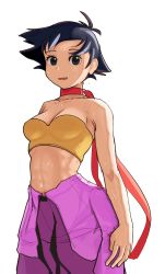Rule 34 | 1girl, abs, alternate color, backlighting, black eyes, black hair, bra, breasts, choker, cleavage, clothes around waist, collarbone, dougi, highres, lineni, looking at viewer, makoto (street fighter), off shoulder, red ribbon, ribbon, ribbon choker, short hair, small breasts, solo, sports bra, strapless, strapless bra, street fighter, street fighter iii (series), sweat, nervous sweating, toned, underwear, white background, yellow bra