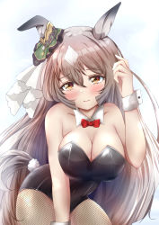 Rule 34 | 1girl, absurdres, alternate costume, animal ears, bare shoulders, blush, bow, bowtie, breasts, brown eyes, brown hair, cleavage, commentary request, detached collar, fishnet thighhighs, fishnets, hair between eyes, highres, horse ears, horse girl, horse tail, large breasts, leotard, long hair, multicolored hair, nontraditional playboy bunny, pantyhose, playboy bunny, red bow, red bowtie, satono diamond (umamusume), solo, streaked hair, sugi (user nash8444), tail, thighhighs, umamusume, white hair, wrist cuffs