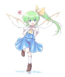 Rule 34 | 1girl, :d, aokukou, ascot, blue skirt, blue vest, bow, brown footwear, collared shirt, commentary request, daiyousei, dot nose, eyes visible through hair, fairy wings, full body, green eyes, green hair, hair bow, hands on own chest, heart, kneehighs, leg up, open mouth, own hands together, puffy short sleeves, puffy sleeves, shirt, short hair with long locks, short sleeves, side ponytail, simple background, skirt, skirt set, smile, socks, spoken heart, standing, standing on one leg, tiptoes, touhou, vest, water, white background, wings, yellow ascot, yellow bow