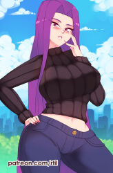 Rule 34 | 1girl, absurdres, artist name, black sweater, blue sky, blush, breasts, cloud, commentary, contrapposto, cowboy shot, crop top, day, denim, english commentary, fate/stay night, fate (series), fingernails, forehead, hand on own face, hand on own hip, highres, impossible clothes, impossible sweater, jeans, large breasts, long fingernails, long hair, long sleeves, looking at viewer, medusa (fate), medusa (rider) (fate), midriff, nail polish, navel, outdoors, pants, parted lips, patreon username, pink nails, purple eyes, purple hair, ribbed sweater, rtil, sky, solo, sweater, turtleneck, turtleneck sweater, very long hair