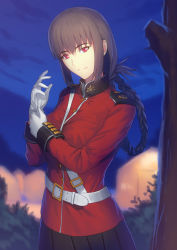 Rule 34 | 1girl, bad id, bad pixiv id, belt, black hair, black skirt, braid, fate/grand order, fate (series), fateline alpha, florence nightingale (fate), gloves, highres, long hair, outdoors, pleated skirt, red eyes, skirt, smile, solo, uniform, white gloves
