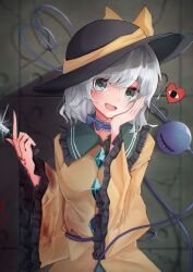 Rule 34 | 1girl, black hat, blood, blood on hands, blush, breasts, buttons, collared shirt, diamond button, fingernails, frilled shirt collar, frilled sleeves, frills, green eyes, green skirt, grey hair, hair between eyes, hand on own face, hat, hat ribbon, heart, heart-shaped pupils, highres, holding, holding knife, knife, komeiji koishi, long sleeves, looking at viewer, medium hair, open mouth, ribbon, shirt, skirt, small breasts, smile, solo, symbol-shaped pupils, taguno, third eye, touhou, wide sleeves, yellow ribbon, yellow shirt