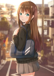 Rule 34 | 1girl, :o, absurdres, bag, black sweater, blurry, blurry background, blush, brown hair, cowboy shot, day, depth of field, earrings, from behind, green eyes, grey skirt, hand up, hedge, highres, house, idolmaster, idolmaster cinderella girls, jewelry, koi0806, long hair, long sleeves, looking at viewer, looking back, outdoors, pleated skirt, road, road sign, school bag, school uniform, shibuya rin, shoulder bag, sidelocks, sign, skirt, sky, solo, standing, straight hair, sunlight, sweater, tree, utility pole