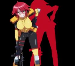 Rule 34 | 10s, 1girl, breasts, female focus, gun, heterochromia, highres, large breasts, monster girl, monster musume no iru nichijou, red hair, short hair, simple background, smile, solo, standing, stitched, stitches, third-party edit, uniform, weapon, zombina (monster musume)