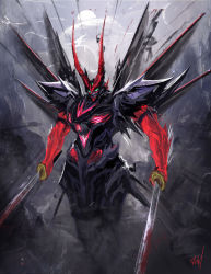 Rule 34 | absurdres, bad id, bad pixiv id, blood, bloody weapon, cloud, denh, dual wielding, extra eyes, green eyes, gundam, gundam astray red frame, gundam seed, gundam seed astray, highres, holding, holding sword, holding weapon, horns, katana, looking down, mecha, moon, redesign, robot, science fiction, solo, sword, third eye, weapon