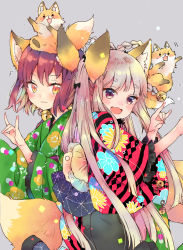 Rule 34 | :3, :d, animal ears, apron, bell, braid, commentary request, fox, fox ears, fox girl, fox tail, grey background, grey eyes, hair ornament, highres, lolita fashion, long hair, looking at viewer, m/, mito (go!go!king!), one side up, open mouth, orange eyes, original, simple background, slit pupils, smile, standing, standing on one leg, tail, wa lolita