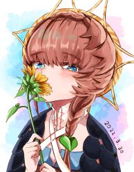 Rule 34 | 1girl, absurdres, belt, blue eyes, blue overalls, blush, braid, brown hair, crown braid, dated, fate/grand order, fate (series), flower, highres, holding, holding flower, looking at viewer, orange headwear, overalls, puffy sleeves, shimogamo (shimomo 12), side braid, smelling flower, smile, striped clothes, striped headwear, sunflower, upper body, van gogh (fate), yellow flower