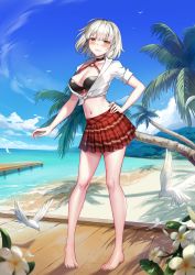 Rule 34 | 1girl, alternate costume, barefoot, beach, bikini, bikini under clothes, bird, black bikini, blush, boardwalk, breasts, cleavage, clenched teeth, contrapposto, cosplay, dock, embarrassed, fate/grand order, fate (series), feathers, flower, forest, hand on own hip, highres, jeanne d&#039;arc (fate), jeanne d&#039;arc alter (fate), jeanne d&#039;arc alter (swimsuit berserker) (fate), jeanne d&#039;arc alter (swimsuit berserker) (fate) (cosplay), nature, navel, ocean, open clothes, open shirt, pajaaa18, palm tree, plaid, plaid skirt, shirt, shore, short hair, skirt, solo, strap gap, swimsuit, swimsuit under clothes, teeth, thighs, tied shirt, tree, water, white shirt, yellow eyes