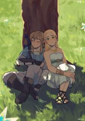 Rule 34 | 1boy, 1girl, absurdres, arm guards, blonde hair, boots, bracelet, dress, fingerless gloves, gloves, grass, green eyes, highres, jewelry, leaning on person, light blush, link, long hair, necklace, nintendo, pointy ears, princess zelda, sandals, shade, sharlene yap, sleeping, strapless, strapless dress, the legend of zelda, the legend of zelda: breath of the wild, toes, tree