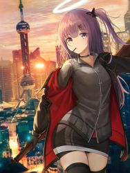 Rule 34 | 1girl, ambriel (arknights), arknights, backlighting, black gloves, black jacket, black thighhighs, blouse, building, choker, cityscape, closed mouth, cloud, cloudy sky, collarbone, collared shirt, cowboy shot, cropped arms, cropped legs, flippy (cripine111), food, food in mouth, gloves, grey shirt, gun, hair ornament, hairclip, halo, head tilt, highres, holding, holding gun, holding weapon, infection monitor (arknights), jacket, light blush, long hair, long sleeves, looking at viewer, miniskirt, one side up, photo background, pocky, pocky in mouth, purple eyes, purple hair, red jacket, rifle, see-through, see-through legwear, shanghai, shirt, skindentation, skirt, sky, skyscraper, solo, sunset, thighhighs, weapon, zettai ryouiki