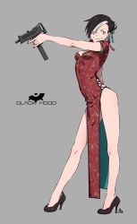 Rule 34 | 1girl, absurdres, bare legs, black footwear, black hair, black hood, breasts, china dress, chinese clothes, cleavage cutout, clothing cutout, dress, ear piercing, earrings, full body, grey background, gun, hair over one eye, high heels, highres, iwado anna, jewelry, kamezaemon, looking at viewer, mac-10/11, multicolored hair, piercing, red dress, side slit, simple background, smile, solo, submachine gun, thighs, two-tone hair, weapon, white hair